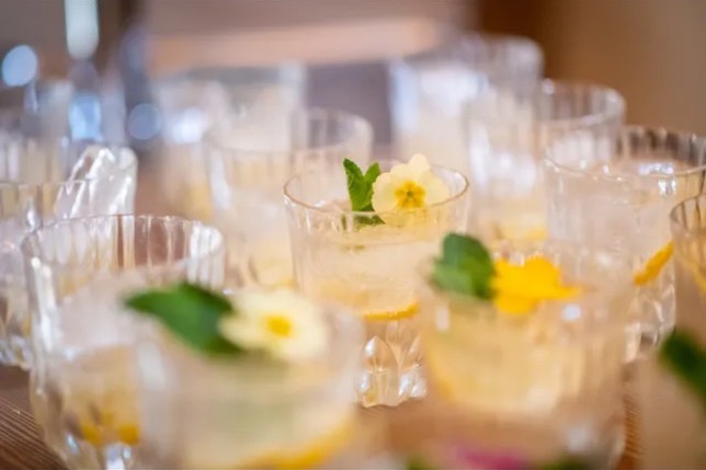 Multiple cocktail glasses with clear cocktails garnished with yellow edible flowers and fresh mint